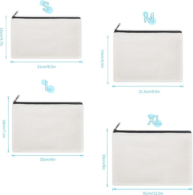 12 Pieces Cotton Canvas Makeup Bag, Multipurpose Cosmetic Bag with Zipper Travel Toiletry Pouch, Blank DIY Craft Bag (White, XL)