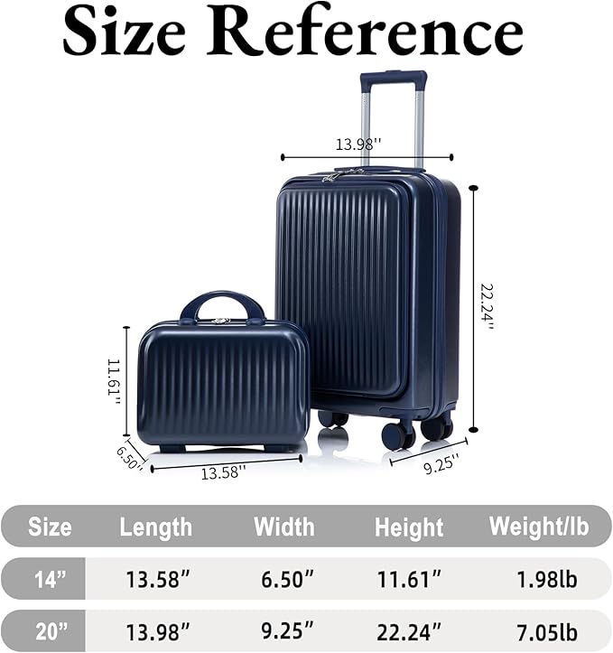 2 Pcs ABS Spinner Luggage Set - 14" Cosmetic Case & 20" Carry-On with Combination Lock, Front Opening Design, Navy Blue