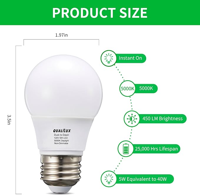 Qualilux Dusk to Dawn Light Bulbs, Auto On/Off Light Sensing LED Bulbs Outdoor, Daylight, Small A15 4-Pack, 5W 450LM 40W Equivalent, HQ-H031