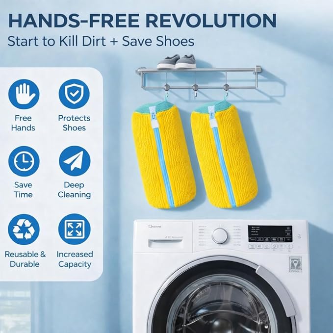 Shoe Washing Machine Bag – 2 Pack Laundry Shoe Bag for Washer and Dryer, Reusable Sneaker Washing Bag, 360° Deep Clean, Self-Locking Zipper, Fits All Shoe Types – Yellow