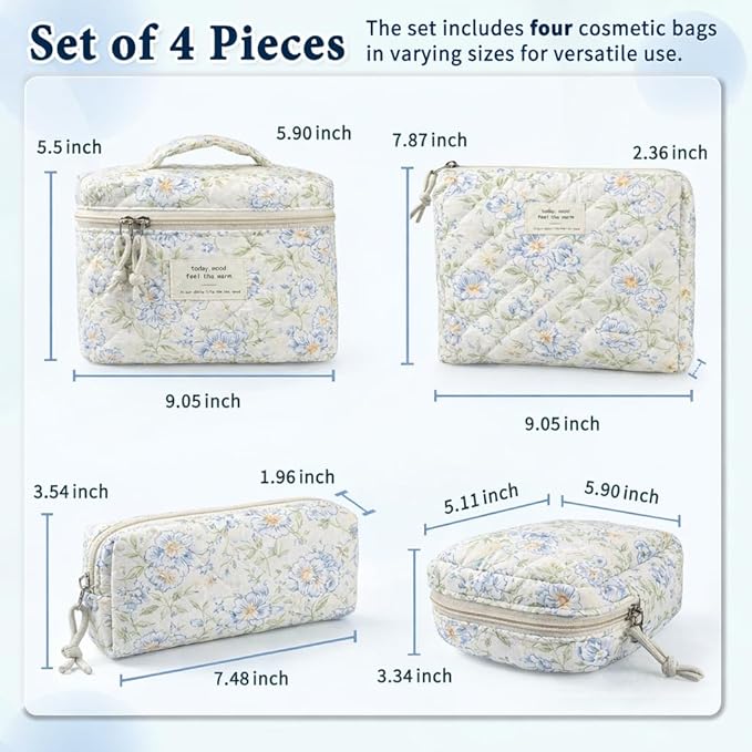 Cute Makeup Bag for Women(2 Pcs), Travel Cosmetic Bags, Quilted Coquette Aesthetic Floral Toiletry Organizer Bag (49 - Green Leaf/4PCS)
