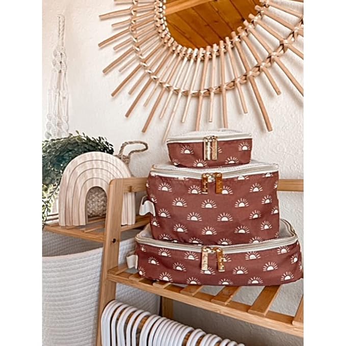 Itzy Ritzy Packing Cubes for Travel – Set of 3 Packing Cubes or Travel Organizers – Each Cube Features a Mesh Top, Double Zippers and a Fabric Handle (Terracotta Sunrise)