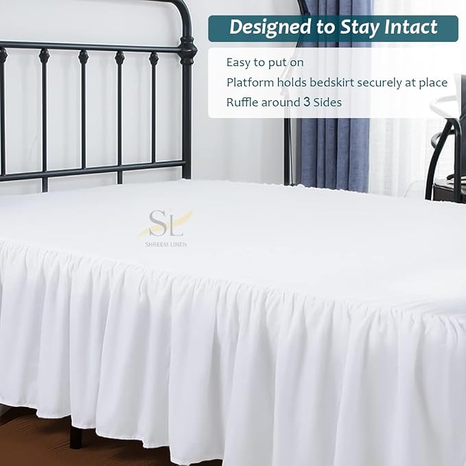 Shreem Linen Ruffled Bed Skirt with Split Corners, Gathered Style, 100% Microfiber, 12-Inch Drop, Dust Ruffle Bedskirt with Platform, Full, White