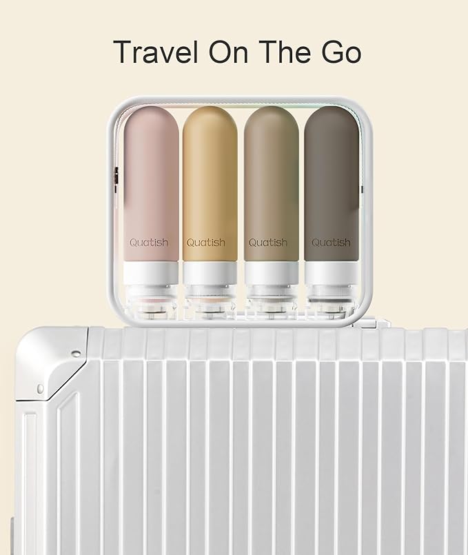 Quatish Travel Bottles for Toiletries, Original Patented Leak Proof Travel Size Containers, 3 oz Tsa Approved Silicone Shampoo and Conditioner Bottles, 4 Pack, Brown