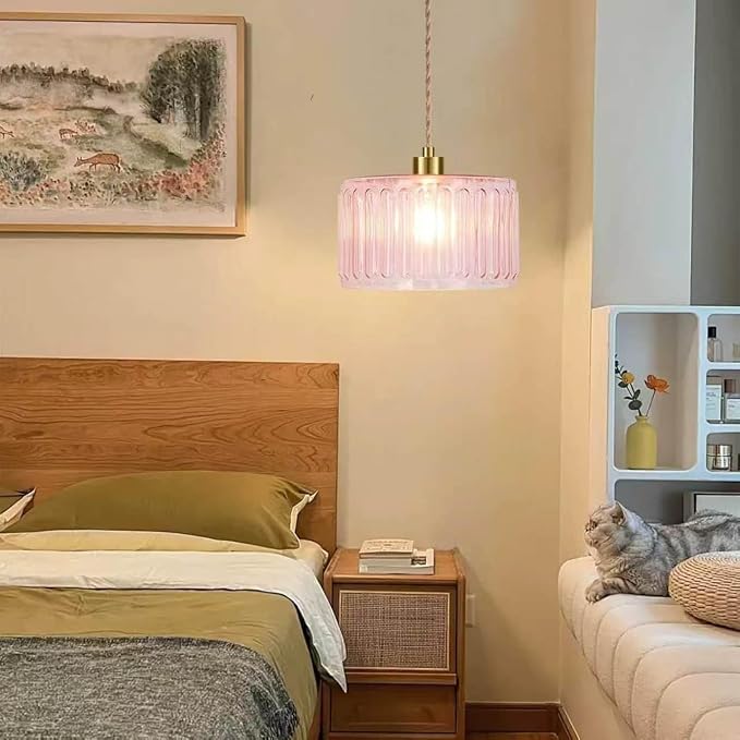 QIYIZM Pink Plug in Pendant Light Glass Hanging Lights with Plug in Cord Boho Hanging Lamp Gold Mid Century Modern Vintage Dimmable Flower Plug in Chandelier Ceiling Fixture for Living Room,Bedroom