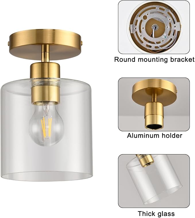 Modern Brass Semi Flush Mount Light Fixture for Entryway & Hallway, Gold Finish