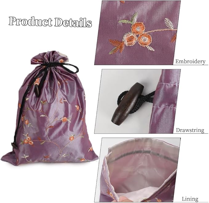 Embroidery Silk Flower Shoe Bag 4Pcs Drawstring Silk Jacquard Travel Bag Underwear Bags Washable Big Sachet Bag Storage Bags for Men Women