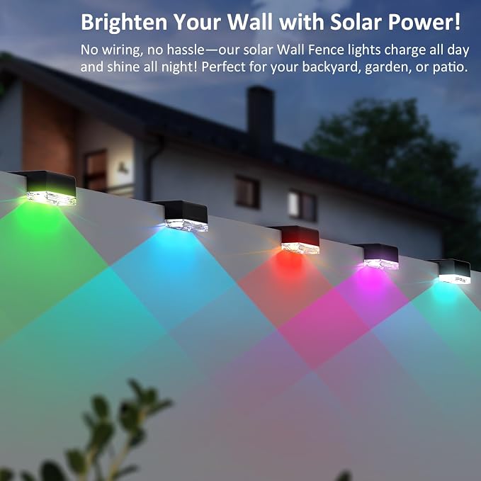 LIANGLOME 12PK Solar Fence Lights Outdoor Waterproof LED - Warm White & RGB 6 Color, Dusk to Dawn Deck Light, IP65 Waterproof Garden Lights for Outside/Backyard/Railing/Step/Patio/Wall