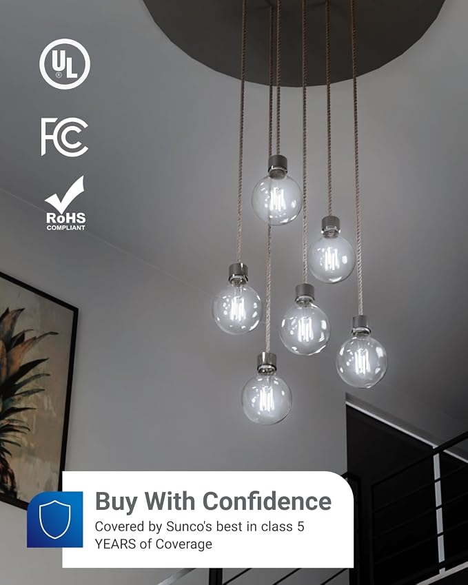 Sunco 10 Pack G25 LED Light Bulb, Globe, E26, 5W=60W, 5000K Daylight | 500LM, CRI80, Dimmable, Edison Vintage Filament, Medium Base, Lamp, Pendant, Chandelier, Indoor/Outdoor Lighting, Wet Rated