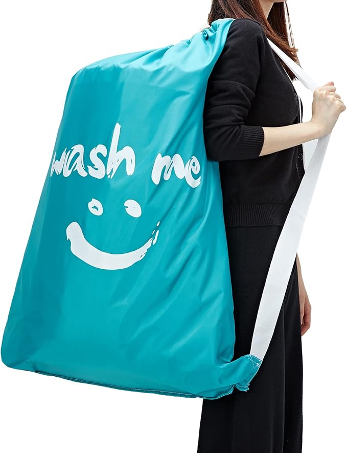 HOMEST 2 Pack XL Wash Me Travel Laundry Bag with Strap, Dirty Garments Organizer, Large Enough to Hold 4 Loads of Clothes, Easy Fit a Hamper or Clothing Basket, Grey and Sky Blue