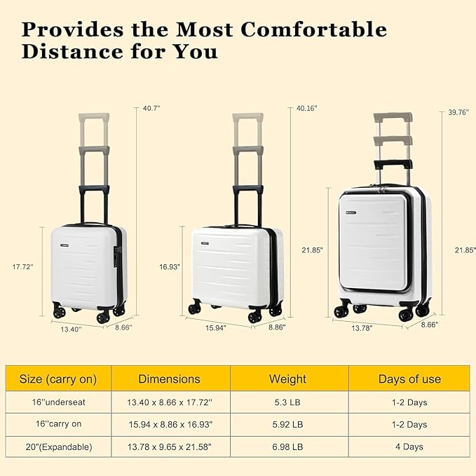 16 Inch Underseat Carry On Luggage Airline Approved, Expandable Lightweight ABS+PC Hard Shell Suitcases with 360° Spinner Wheels, TSA Lock, YKK Zipper, for Business Weekender (White, 1 PC)