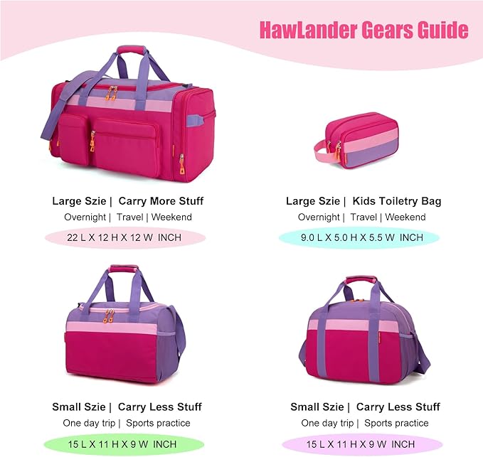 HawLander Kids Duffle Bag for Boys or Girls, Fit Sports Practice, or Overnight Travel Weekend (Rose Purple)
