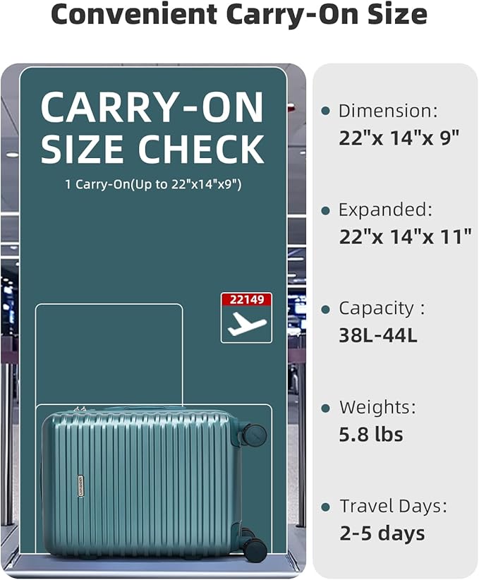 LARVENDER Carry on Luggage 22x14x9 Airline Approved, Expandable 20 Inch Hardside Suitcase with Wheels TSA Lock, PC+ABS Lightweight Carry on Suitcases for Women and Men, Lake Green (20/DB/TB)
