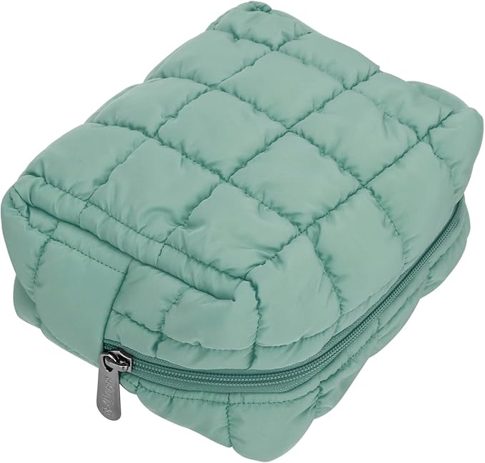 E-Tree Cute Makeup Bag,Quilted Cosmetic Bag,Make up Pouch for Purse,Toiletry Zipper Pouch,Checkered Bag,Travel Case,Storage Pouches for Organization (Green)