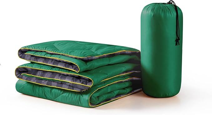 UNIKOME Waterproof Puffy Camping Blanket - Lightweight Packable Outdoor Quilt with Corner Loops, Warm Compact Blanket for Cold Weather Hiking Picnic Stadium Travel, 75"×52", Green