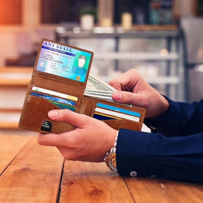 RFID Bifold Leather Wallet For Men with Flip Up ID Secure and Durable Extra Capacity Billfold with 11 Credit Cards in Vintage Buffalo Brown