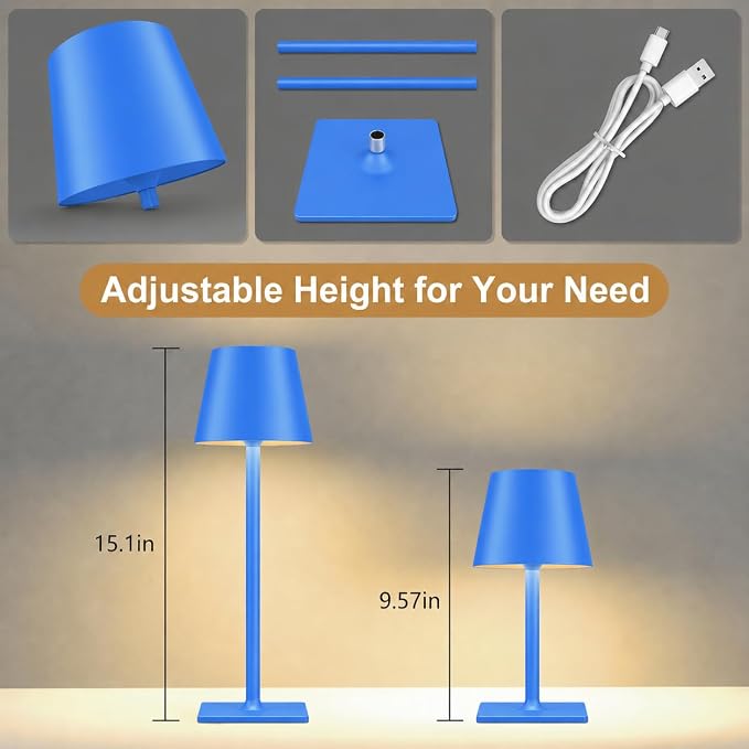 Yogaret Blue Cordless Table Lamp Set of 2, Indoor/Outdoor Table Lamp for Restaurant Home Dinner Patio Pinic | Portable table lights set of 2 wireless battery operated lamps for indoor tables, patio, restaurant, dinner and kitchen use