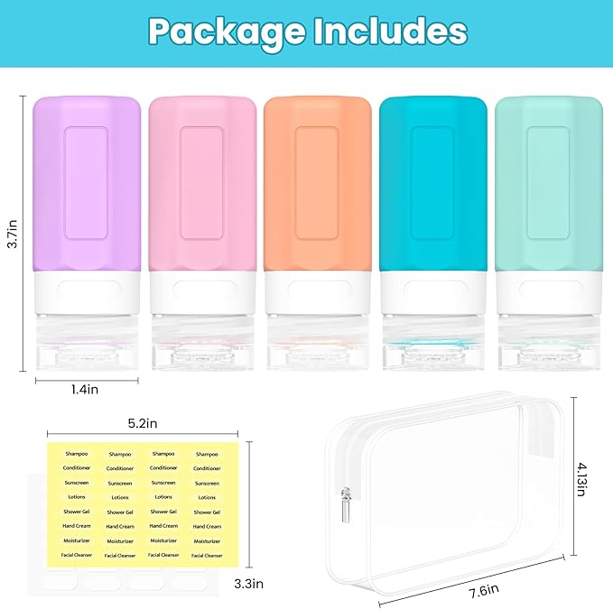 2 oz Travel Bottles, Small Size Containers, TSA Approved Silicone Travel Toiletries Bottles, Shampoo and Conditioner Kit for Women (Cream)