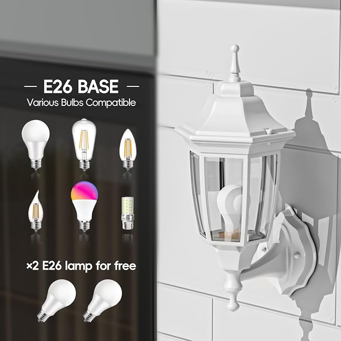 EMART Outdoor Front Porch Light with Bulb, Wall Lamp Fixture(2 Pack, White) | Exterior Anti-Corrosion, Waterproof Aluminum & Glass Shades, Modern Sconce Lantern for Outside, House, Garage