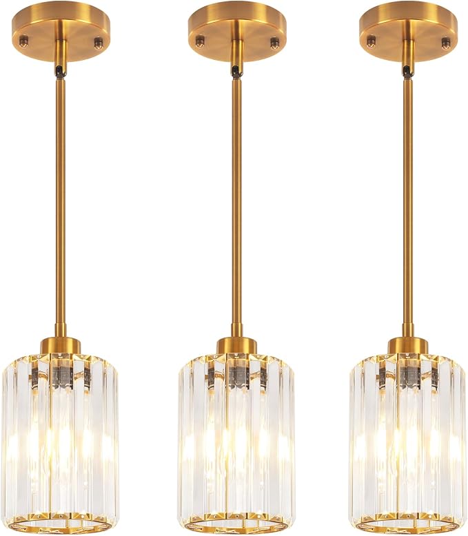 3 Pack Brushed Gold Pendant Lights Kitchen Island Crystal Mini Chandelier | Modern Kitchen Light Fixtures, Adjustable Height Hanging Pendant Lighting for Dining Room Bathroom Hallway Above Sink