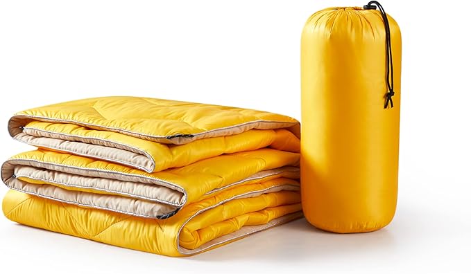 UNIKOME Waterproof Puffy Camping Blanket - Lightweight Packable Outdoor Quilt with Corner Loops, Warm Compact Blanket for Cold Weather Hiking Picnic Stadium Travel, 75"×52", Yellow