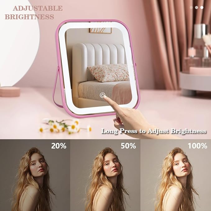YEKKOPT Pink Rechargeable Vanity Mirror with Lights, LED Makeup Mirror, 10"×8" Lighted Makeup Mirror with Lights, Smart Touch Control Dimmable 3 Modes Light, Lighted Up Mirror for Makeup Desk, Bedroom
