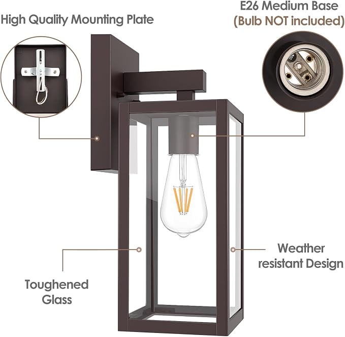 MAXvolador Outdoor Wall Light Fixture, Exterior Waterproof Wall Lantern | Porch Wall Sconce Dark Chocolate, Anti-Rust, E26 Socket, Clear Glass, Outside Wall Mount Light, Front Door Lighting for Patio
