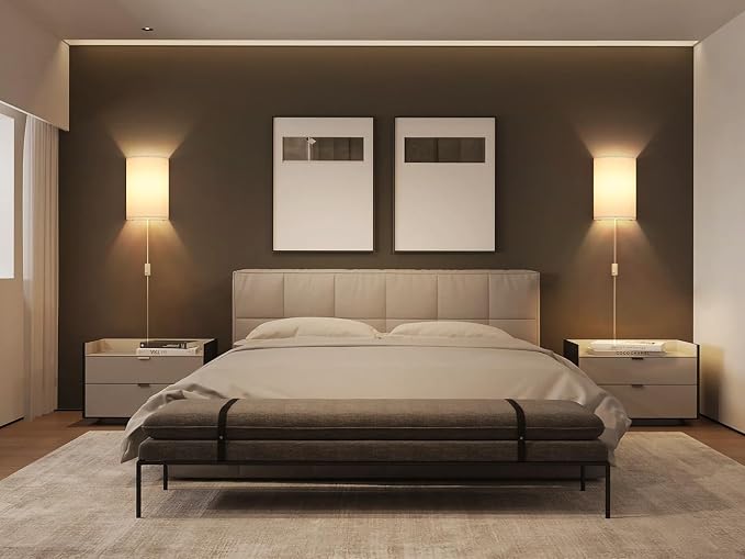 Yunaking Plug in Wall Sconces Set of Two Wall Lights with On/Off Switch | Stepless Color Temperature Wall Lamps with Fabric Linen Shade for Bedroom Living Room & Hallway- Indoor Corded Wall Decor