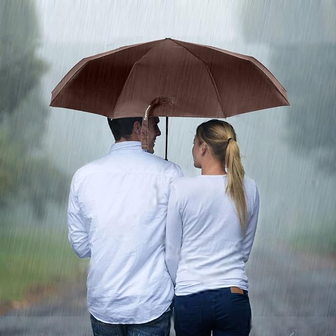 TradMall Travel Umbrella Windproof with 46 Inches Large Canopy 10 Reinforced Fiberglass Ribs Ergonomic Handle Auto Open & Close, Brown
