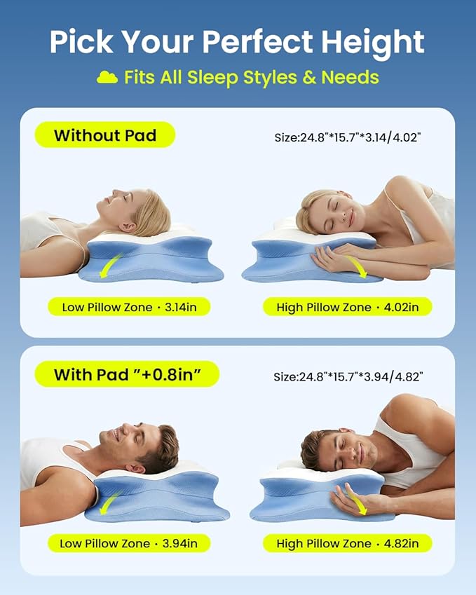 RAINBOW NOTE Ergonomic Contour Memory Foam Pillow, Adjustable Height Cervical Pillow for Neck Pain Relief, Blue White, 24×16.5×5.5 Inches