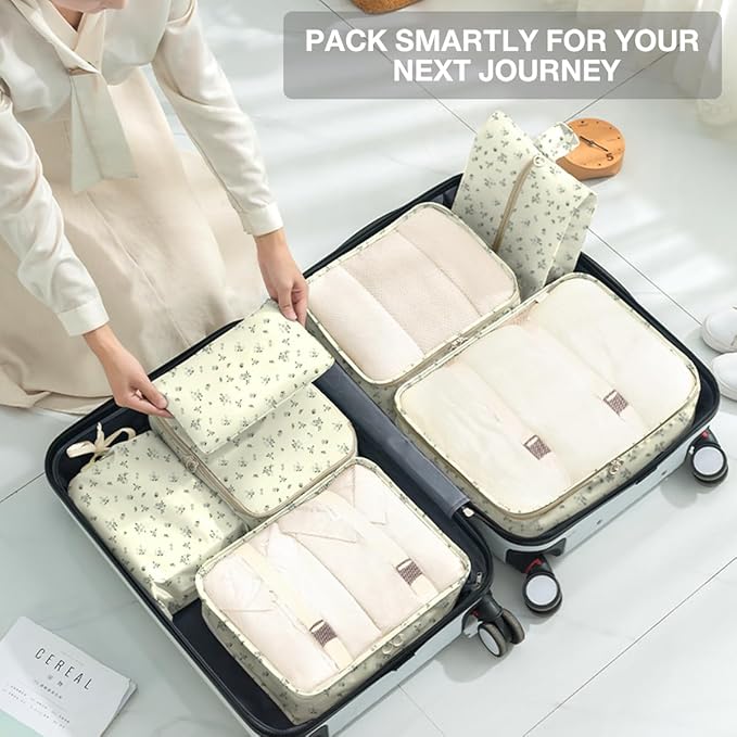 8 Set Packing Cubes for Suitcases, Packing Cube with Shoe, Cosmetics, Clothing, and Accessories Bags for Travel Luggage Organizer Women Men(Grey Flowers)