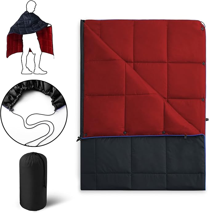 UNIKOME Waterproof Puffy Camping Blanket - Lightweight Packable Outdoor Quilt with Snaps & Corner Loops, Warm Compact Blanket for Cold Weather Hiking Picnic Stadium Travel, 75"×52", Black&Red