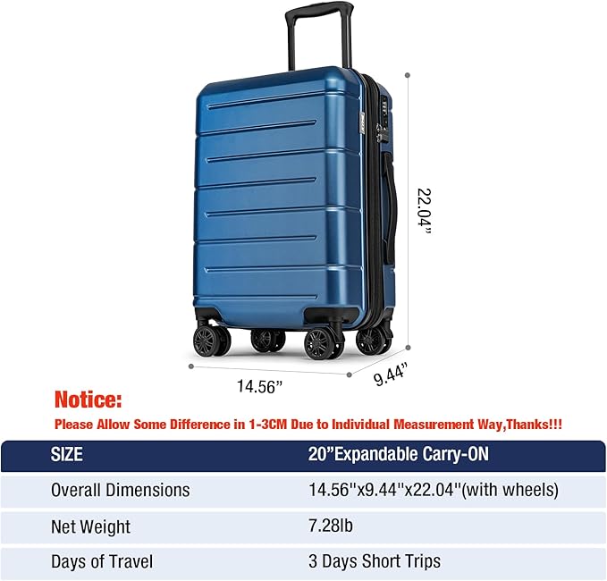 KYME Carry On Luggage 22x14x9 Airline Approved Expandable Hardshell 20 Inch Luggage with TSA Lock Carry On Suitcase with Wheels Small Travel Rolling Luggage with Cup Holder for Women Men Lt Blue