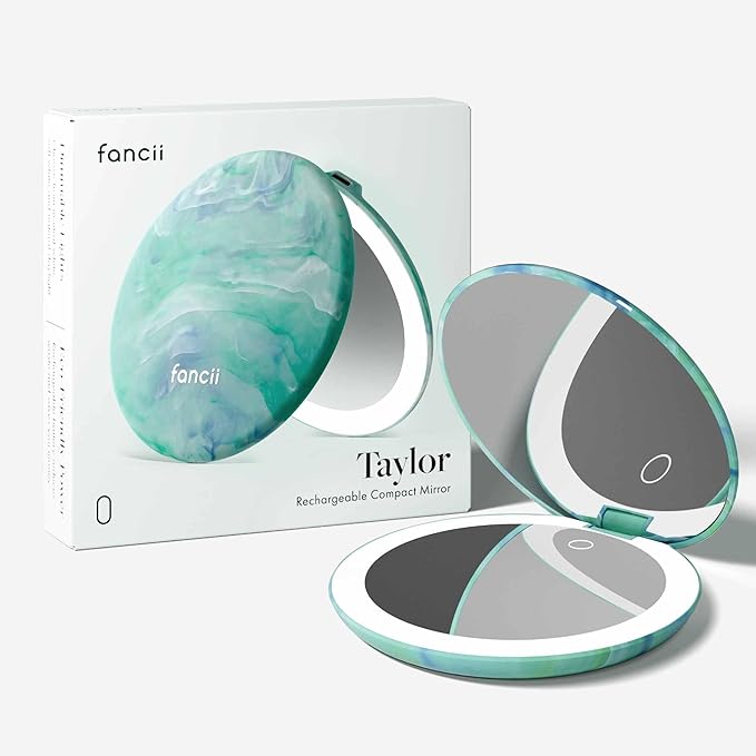 Fancii Taylor LED Lighted Travel Makeup Mirror, Rechargeable, 10x /1x Magnifying, Tru-Glow Lighting System, XL Large 5” Wide | Compact Mirror for Purses (Sea Serenity)