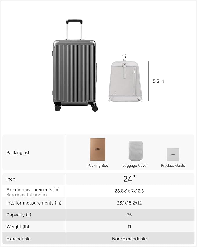 Checked Luggage with Spinner Wheels, 8010S Aluminum Frame Zipperless Polycarbonate Hard Shell Suitcase (ZX-Core, Charcoal Metallic, 24 Inch)