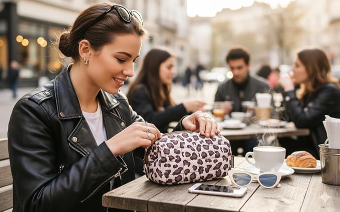 BAGSMART Makeup Bag Travel Toiletry Bag, Puffy Padded Make Up Bags for Women Makeup Organizer Case, Wide-open Pouch Purse Travel Essentials Toiletries Accessories Brushes, Leopard