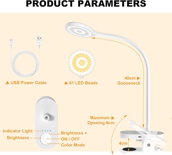 Cordless Reading Lamp with Clamp, 3.5'' Rechargeable LED Clip Light for Bunk Bed Headboard Home Office Desk, Flexible and Dimmable Book Light with 3 Color Temperatures & 10 Brightness (White/3.5'')