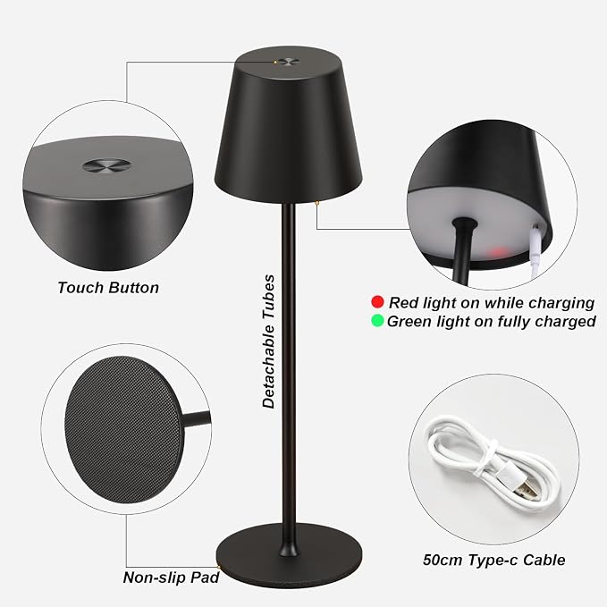 Kakanuo Cordless Table Lamp Rechargeable Black - KK 4 Pack Battery Operated Lamp for Dining Table, 3 Color Stepless Dimming Wireless Lamp for Counter, Outdoor Patio, Touch Control