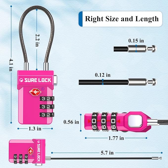 SURE LOCK TSA Approved Luggage Locks – 3-Digit Combination Cable Lock with Red Indicator, Large Dial & Easy-Press Button for Suitcases and Backpacks – Multi-Pack & Color Options