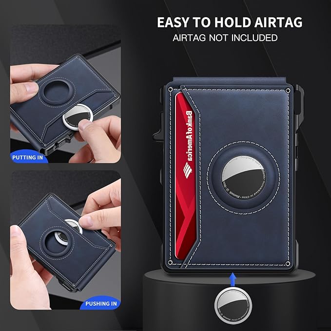 KIKVES Airtag Wallet for Men, Mens Smart Wallet for Air Tag RFID Blocking, Minimalist Bifold Pop Up Aluminum Credit Card Case Holder 12+ Cards with ID Window, Gift for Men, No Airtag Included, Navy