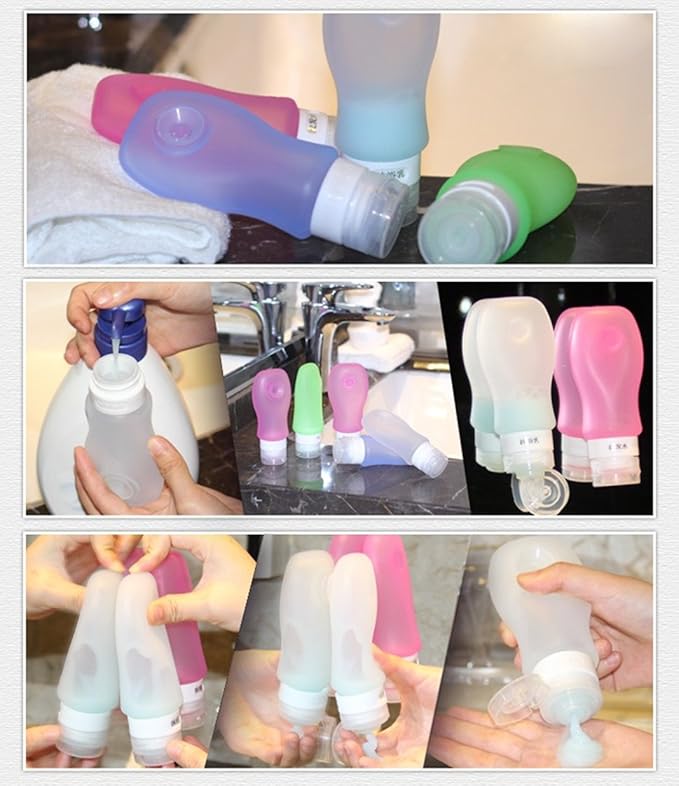 4 Pack Sucker type Portable Food Grade Squeeze Silicone Liquid Travel Bottles TSA Approved For Shampoo, Conditioner, Lotion, Toiletries, Food condiment(1OZ,White+Blue+Green+Pink)