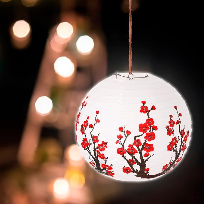 30 Pcs Chinese Japanese Paper Lanterns with LED Light, 2026 Chinese Lunar New Year Decoration Cherry Blossom Red Hanging Lanterns for Spring Festival Home Decor(12 Inch,Red)