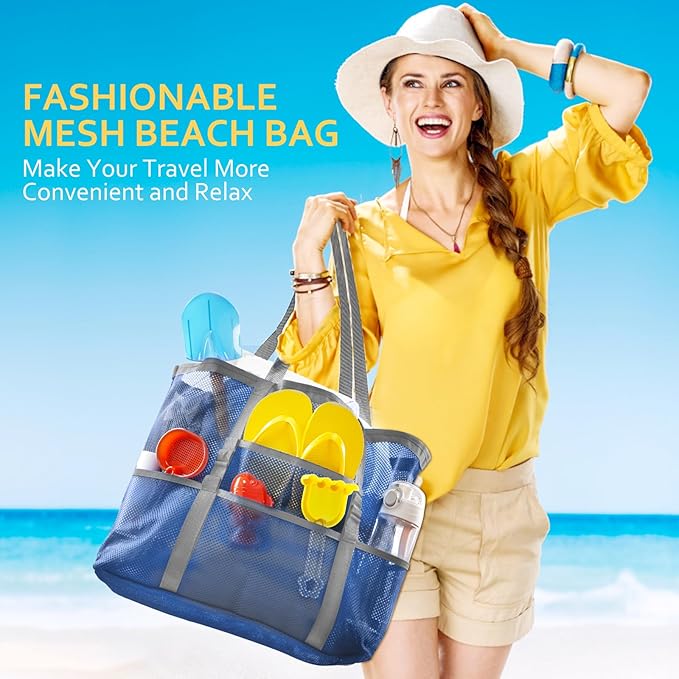 SRISE Mesh Beach Bag - Large Beach Tote Bag for Family Beach Bag for Toys & Vacation Essentials