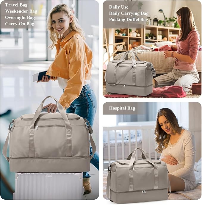 Extra Large Travel Duffle Bag,Carry on Overnight Weekend Bag with Shoes Compartment,Weekender Bags for Women for Travel Business Trips Sport Hospital,Camel