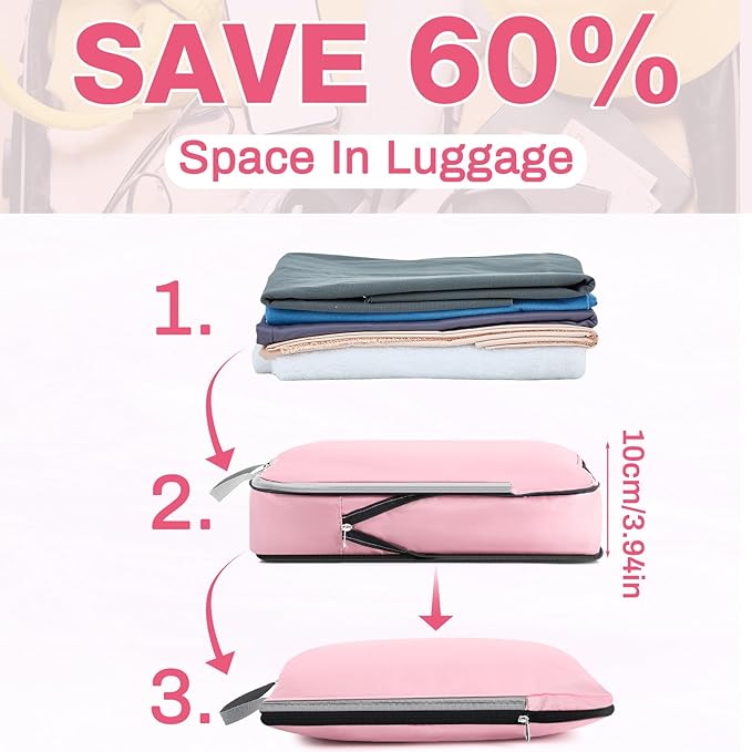 Hosuly 6 Pcs Ultralight Compression Packing Cubes for Travel 17.3 x 12.6'' XL Large Expandable Luggage Organizers for Save Space Family Long Trips (Pink)