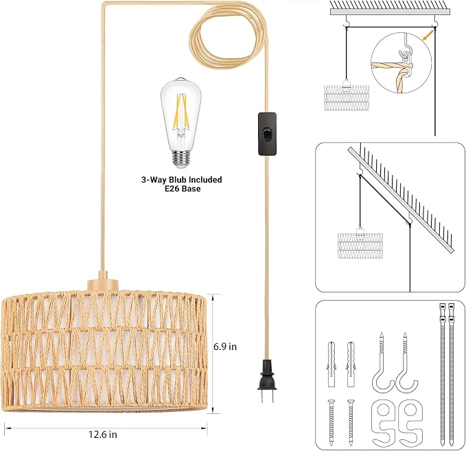 Qingmiao Boho Plug in Pendant Light, Handwoven Shade, 3 Way Bulb, 14ft Cord | Rattan Hanging Lamp Plug in, Dimmable Hanging Light Fixture for Living Room Bedroom Kitchen Ceiling Farmhouse Home Decor