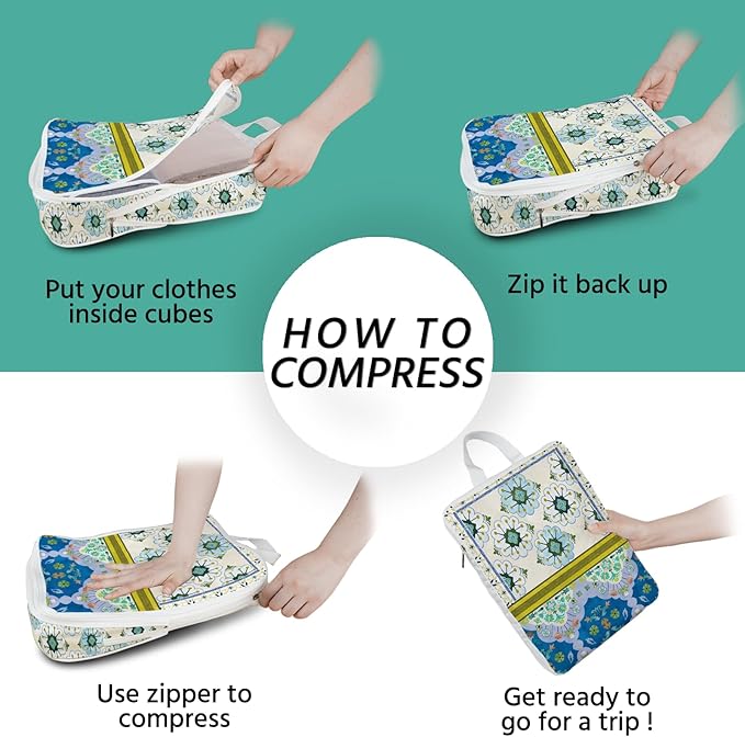 6 Pcs Compression Packing Cubes Waterproof Suitcase Travel Bag Luggage Backpack Organizer Travel Cubes for Packing-Pink and Green Bohemian