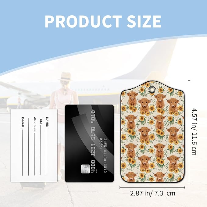 2 Pcs Highland Cow Sunflower Luggage Tag for Suitcases, Cute PU Leather Suitcase Tag Privacy Cover ID Label with Metal Loop, Personalized Baggage Identifier for Cruise Bag Travel Essentials