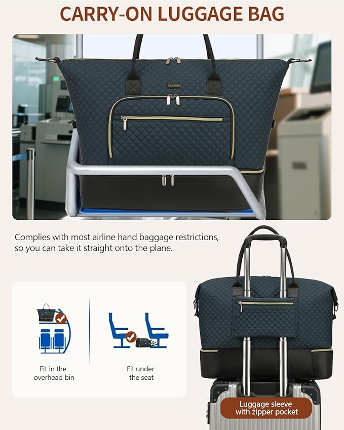 Duffle Bag for Women Travel, Weekender Bag Overnight Bag with Shoe Compartment, Carry on Bag with Crossbody Purse for Over Night, Weekend, Yoga, Gym, Business Trips, Hospital, PeacockBlue Black