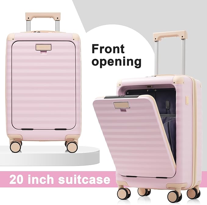 Merax Luggage Sets Front Opening, 3 Piece Hardshell Suitcase with Spinner Wheels and Bags,Lightweight Carry on Luggage with USB Port and Cup Holder,20+24+28,Pink